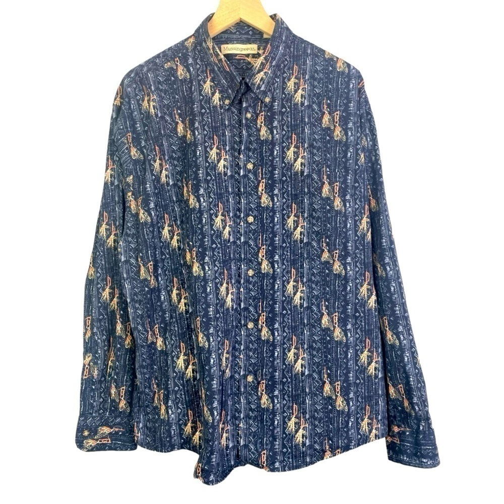 Munsingwear Men’s Long Sleeve Fishing Lure Print Button Shirt